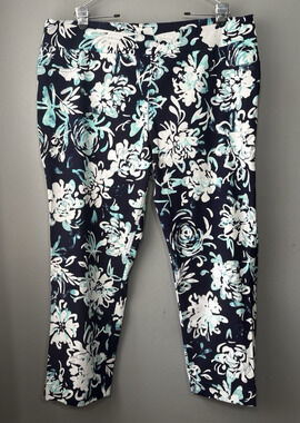 SlimSation Floral Pants Plus Size 22W Blue Stretch Trousers Chic Preppy Grandma